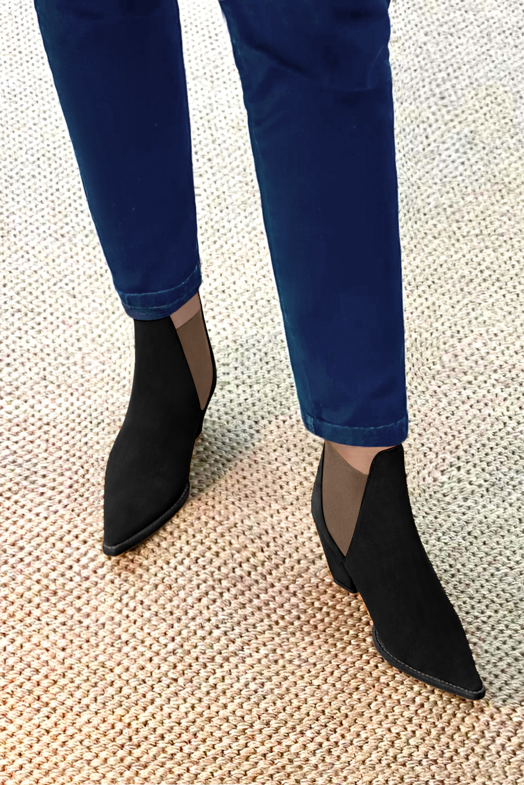 Matt black and taupe brown women's ankle boots, with elastics. Pointed toe. Medium cone heels. Top view - Florence KOOIJMAN